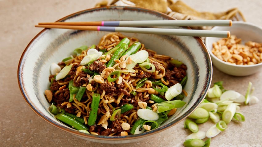 Noodles with Beef, Chili Oil and Greens